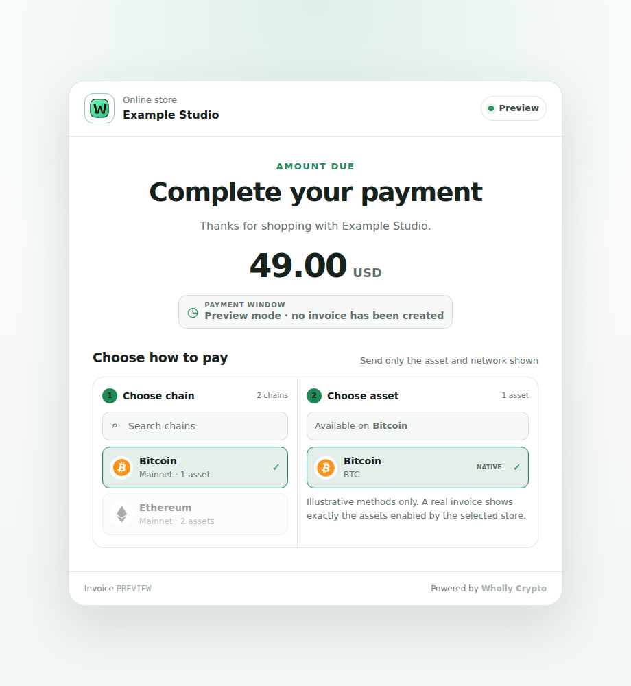 Wholly Crypto hosted checkout in safe preview mode, with Bitcoin and token options